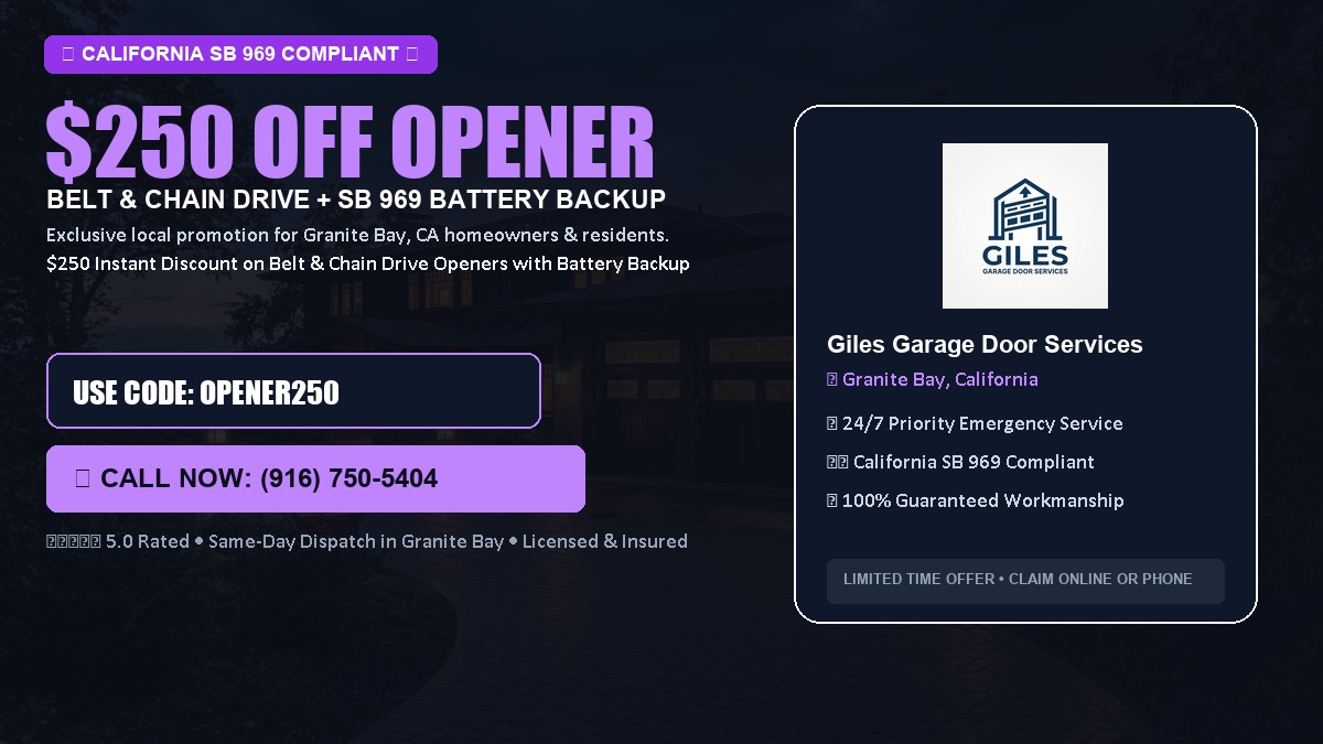 $250 OFF Smart Garage Door Opener Installation (Belt & Chain Drive with California SB 969 Battery Backup) in Granite Bay, CA
